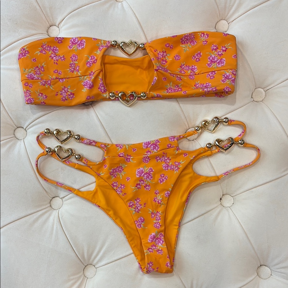 New Floral Orange Bikini Set with Heart Accents